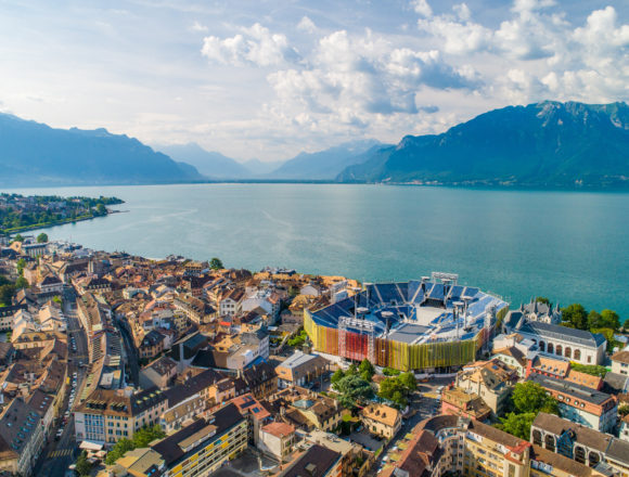 Drone shot of vevey city with stadium Urbanisme & Infrastructure